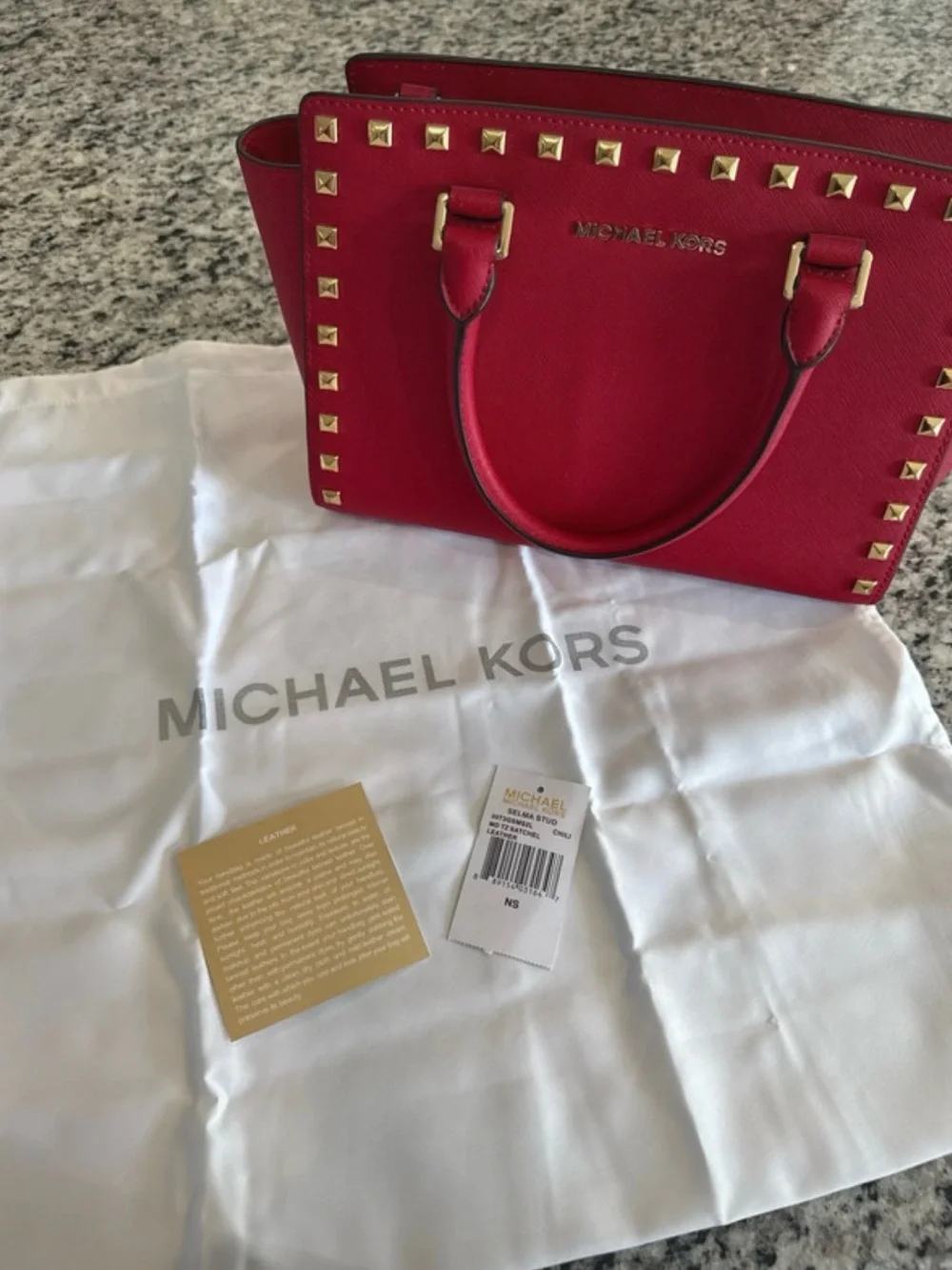 Michael Kors Red Studded Saffiano Satchel with Gold Accents